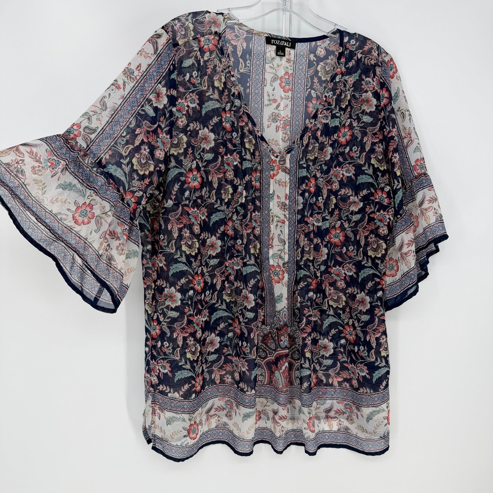 Roz & Ali Blouse Womens L Navy Blue Floral Paisley Boho Bell Sleeve Cottagecore